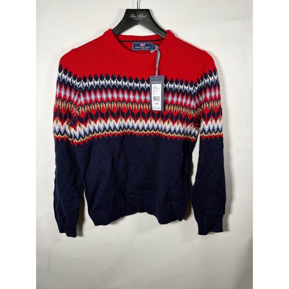 Vineyard Vines Boys Fair‎ Isle Crewneck Sweater Nautical Red Navy Large